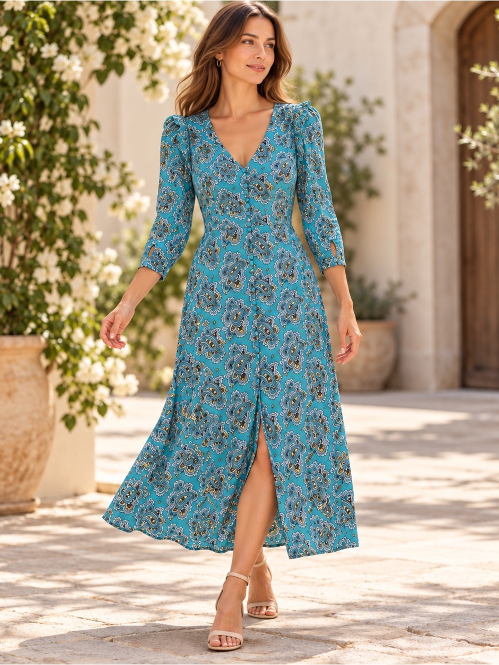 J.Crew Teal Paisley V-Neck Puff Sleeve Midi Dress Size 8